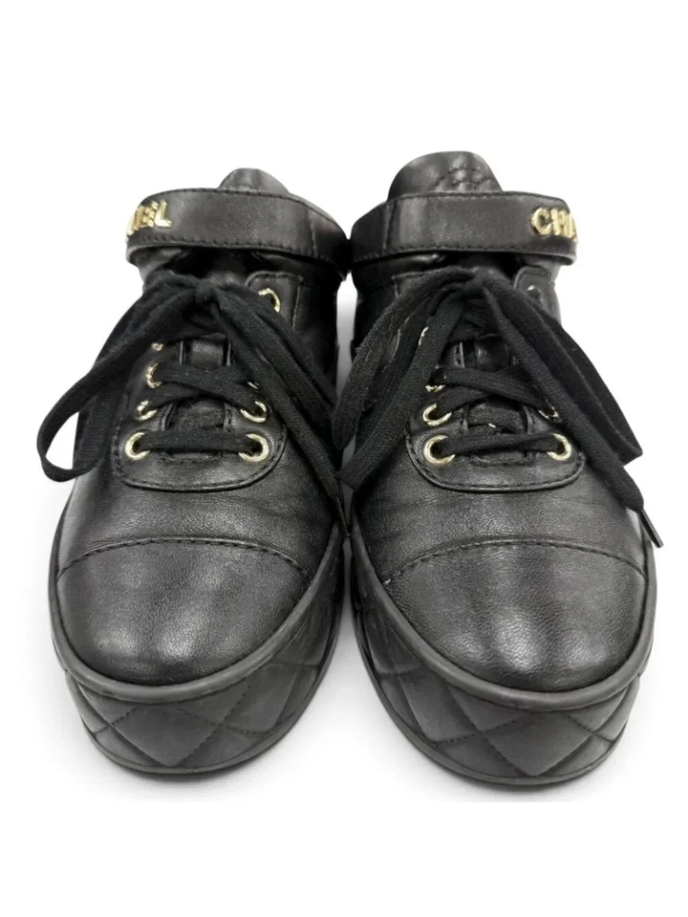Chanel CC Logo Velcro Lace-up Leather Middle High Top Sneakers Black